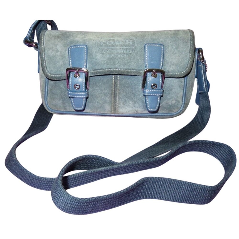 Coach 2004 Blue Suede & Leather Double Buckle Flap Closure Crossbody Bag
